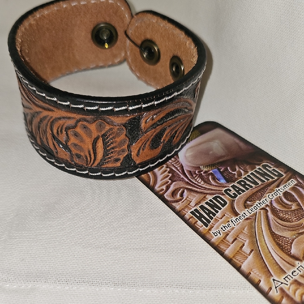 American Darling Brown and Black Hand-Tooled Leather Cuff Bracelet